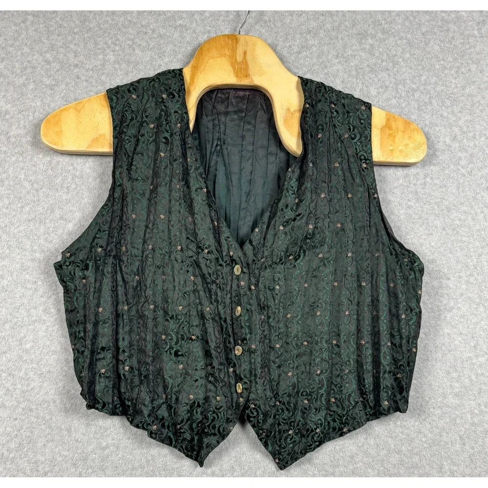 Brocade Vest Mens XL Green Black Damask Victorian Goth Waistcoat